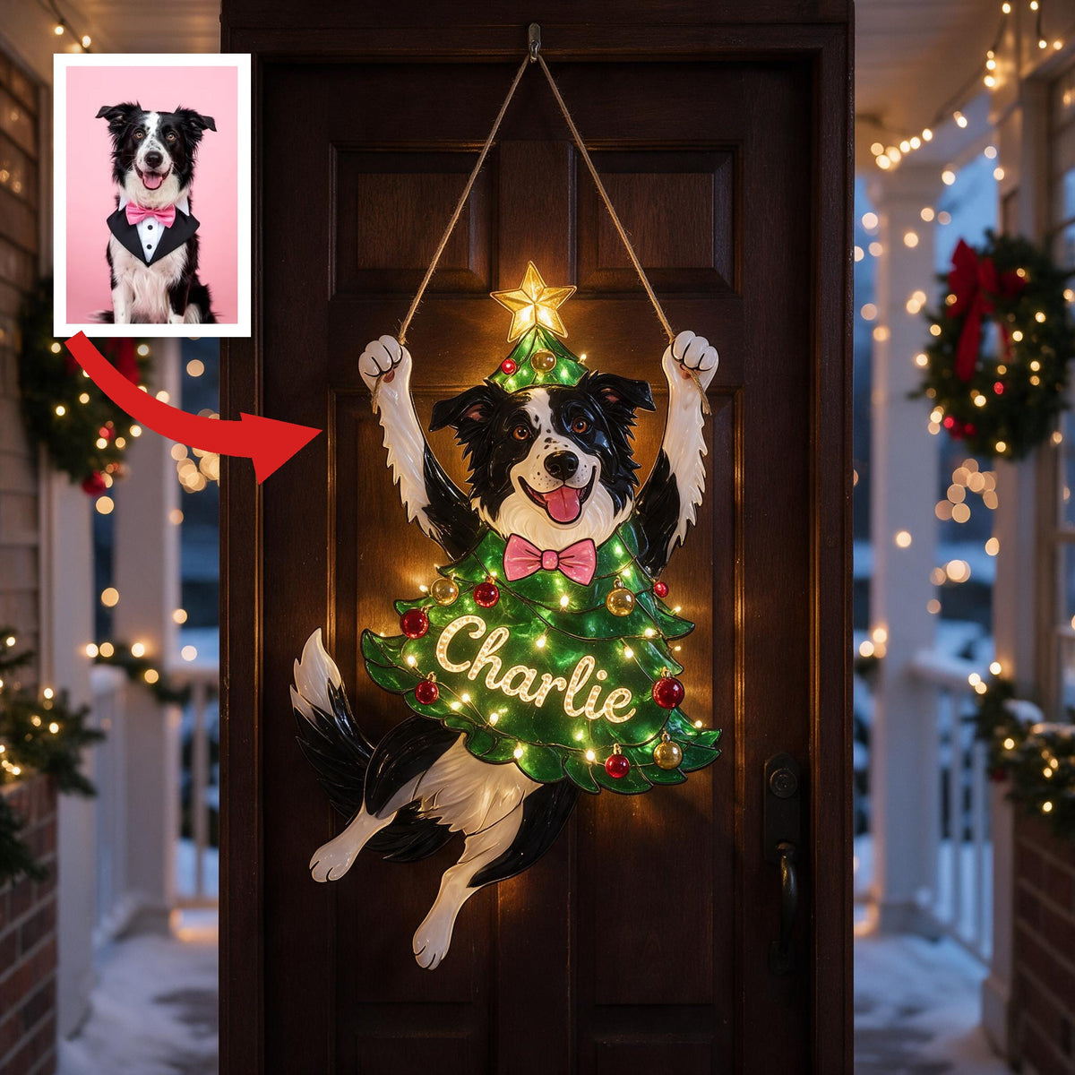Personalized Black & White Border Collie Christmas LED Acrylic Sign, Cute Holiday Home Decor Gift for Dog Lovers