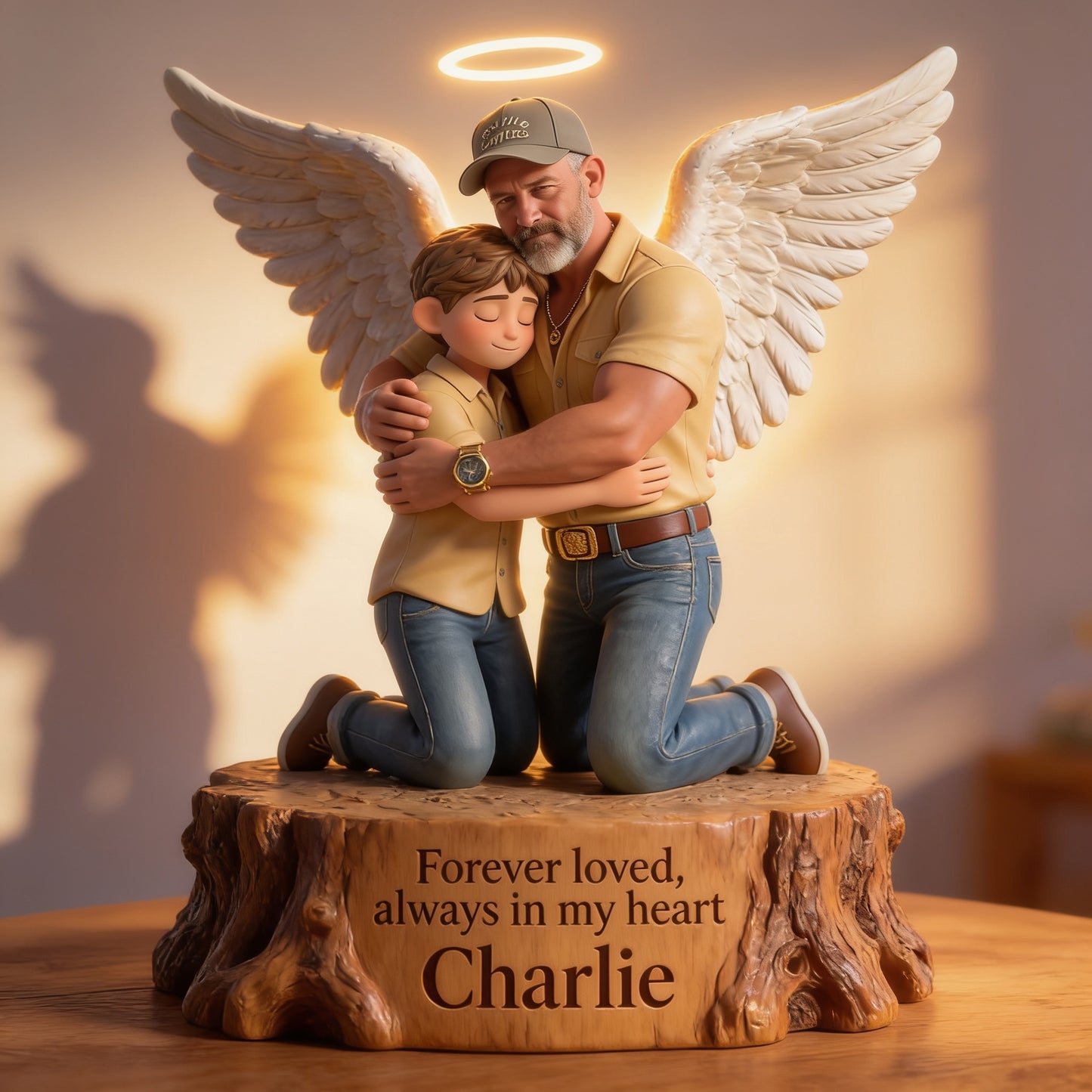 Personalized Memorial Acrylic LED Night Light - Guardian Angel Father Hugging Child Heaven Remembrance Sympathy Gift
