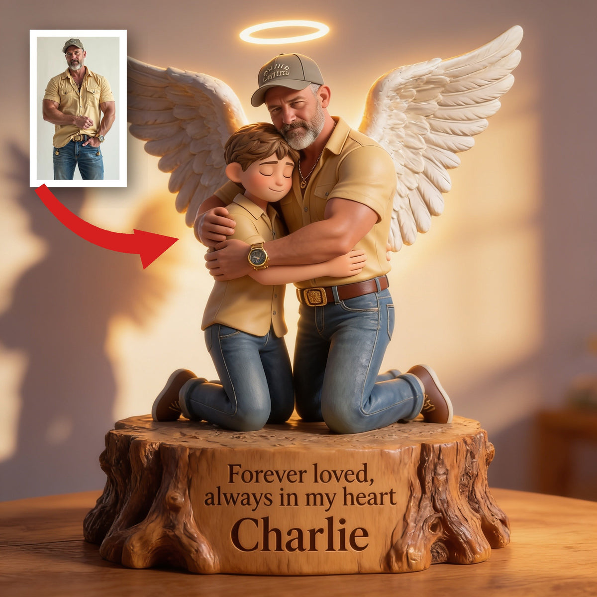 Personalized Memorial Acrylic LED Night Light - Guardian Angel Father Hugging Child Heaven Remembrance Sympathy Gift