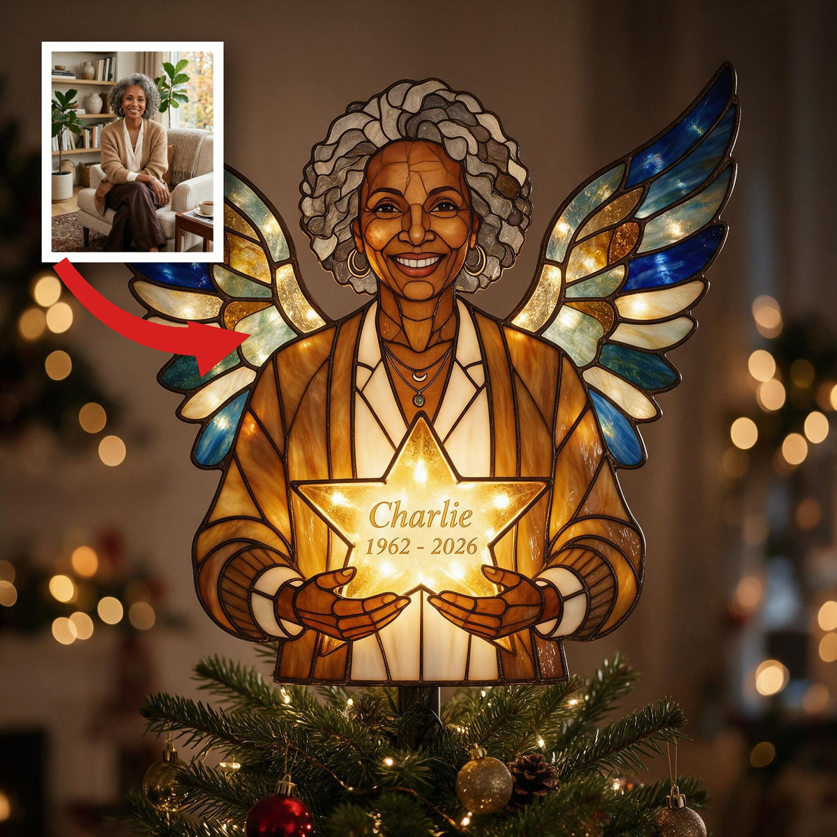 Personalized Beloved Black Mom Memorial Angel LED Light Christmas Tree Topper, Stained Glass Remembrance Holiday Decor