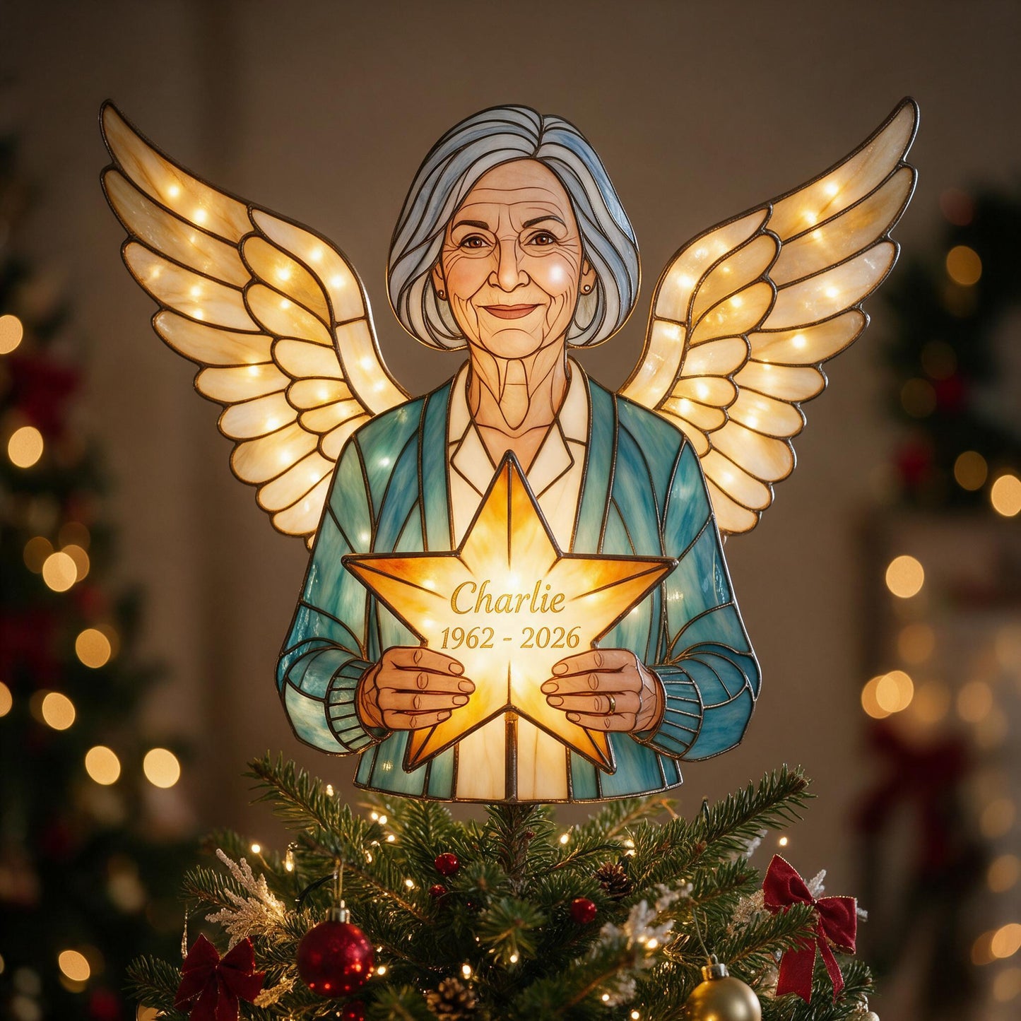 Personalized Mom Angel Memorial LED Christmas Tree Topper, Stained Glass Style Remembrance Holiday Decor Gift