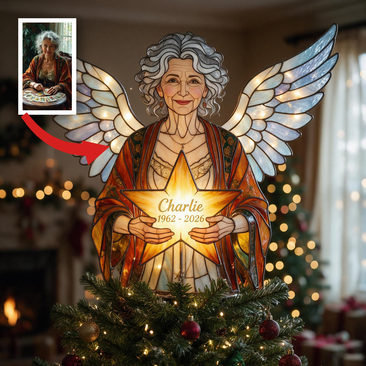 Personalized Latina Grandma Memorial Angel LED Christmas Tree Topper - Stained Glass Style Remembrance Holiday Keepsake Gift