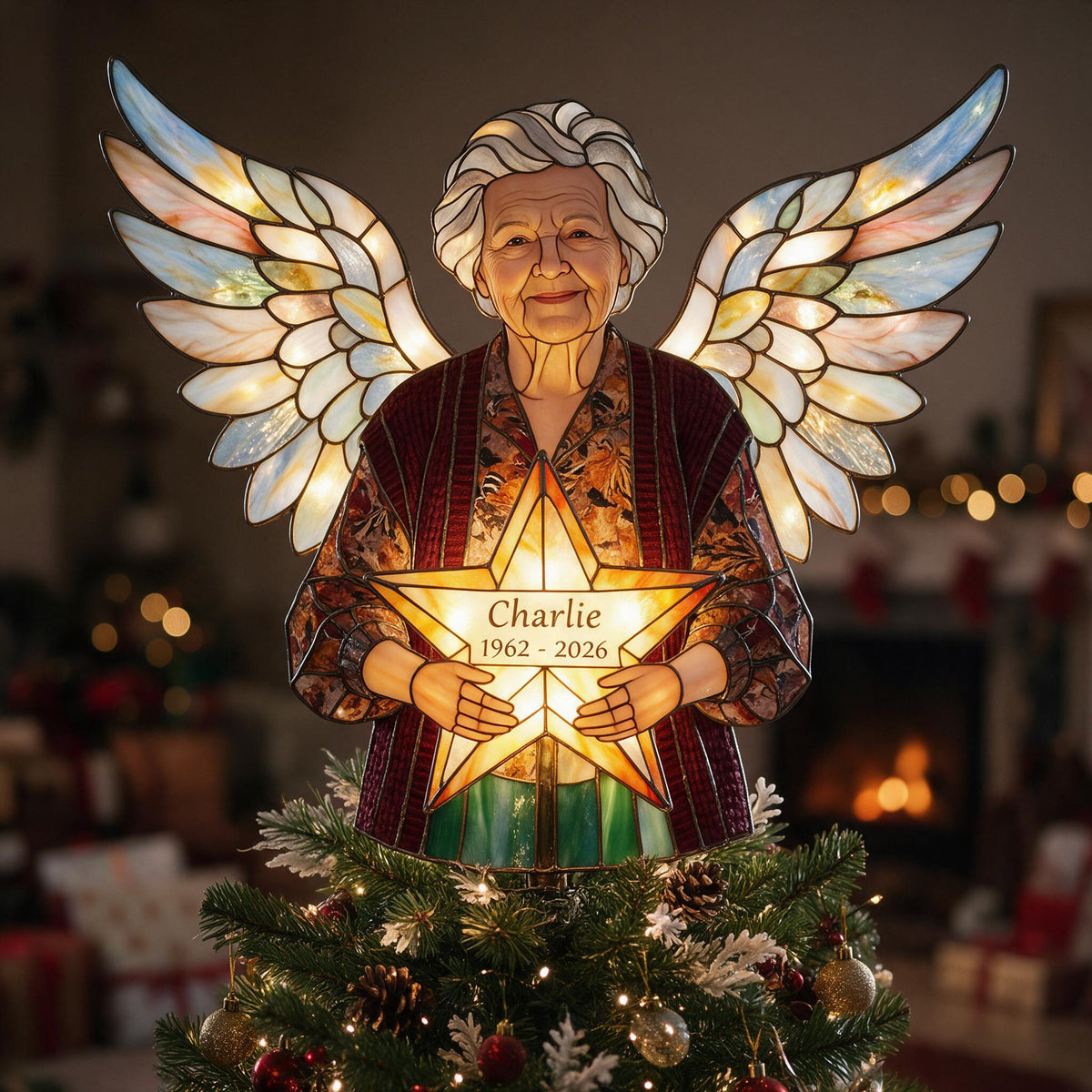 Personalized Grandma Memorial Angel LED Christmas Tree Topper - Stained Glass Remembrance Holiday Decor Gift