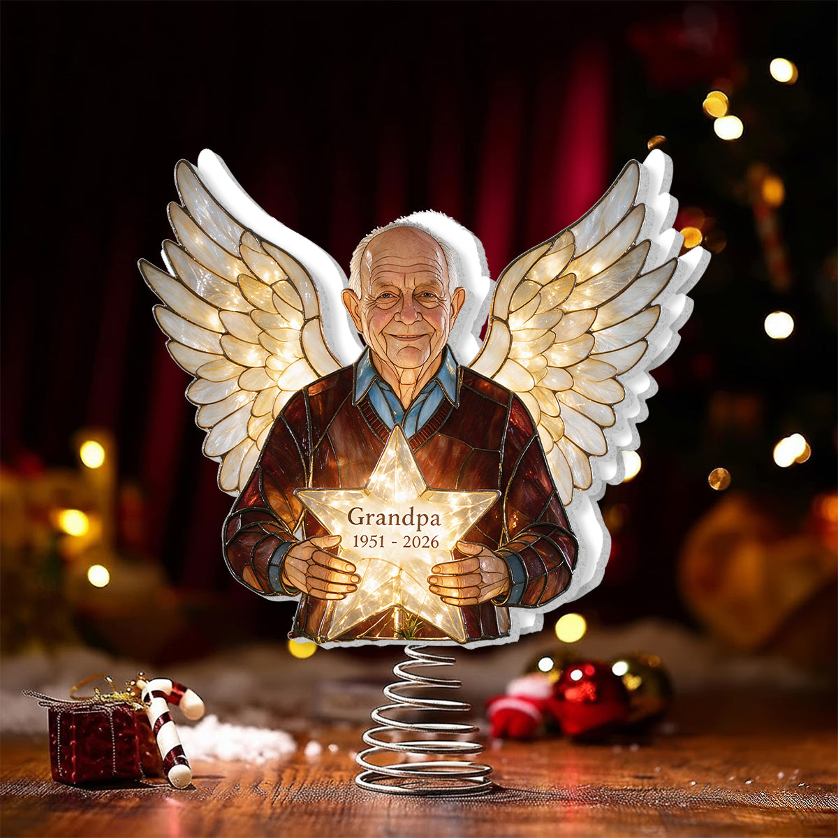 Personalized Black Grandpa Memorial Angel LED Light Christmas Tree Topper, Custom Remembrance Holiday Keepsake Decor