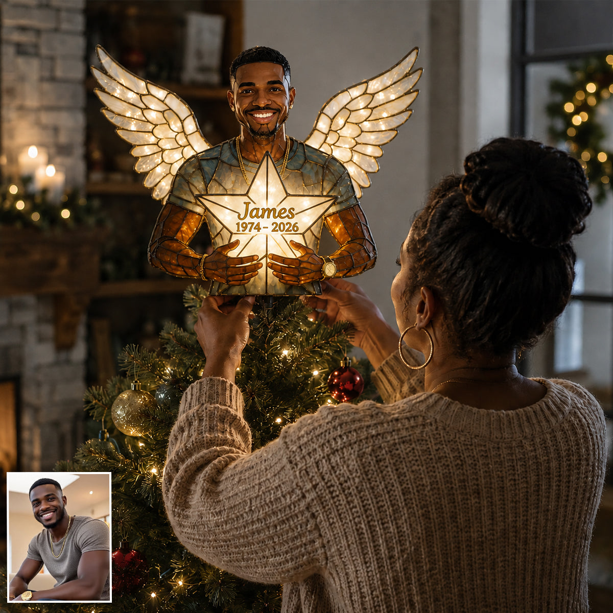 Personalized Mom Angel Memorial LED Christmas Tree Topper, Stained Glass Style Remembrance Holiday Decor Gift