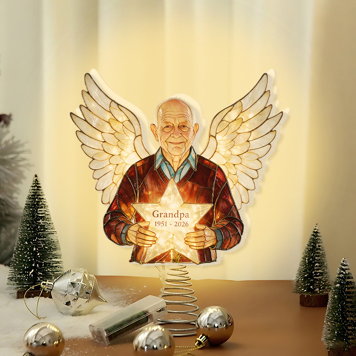 Personalized Welsh Corgi Angel Memorial LED Christmas Tree Topper, Stained Glass Pet Remembrance Holiday Decor