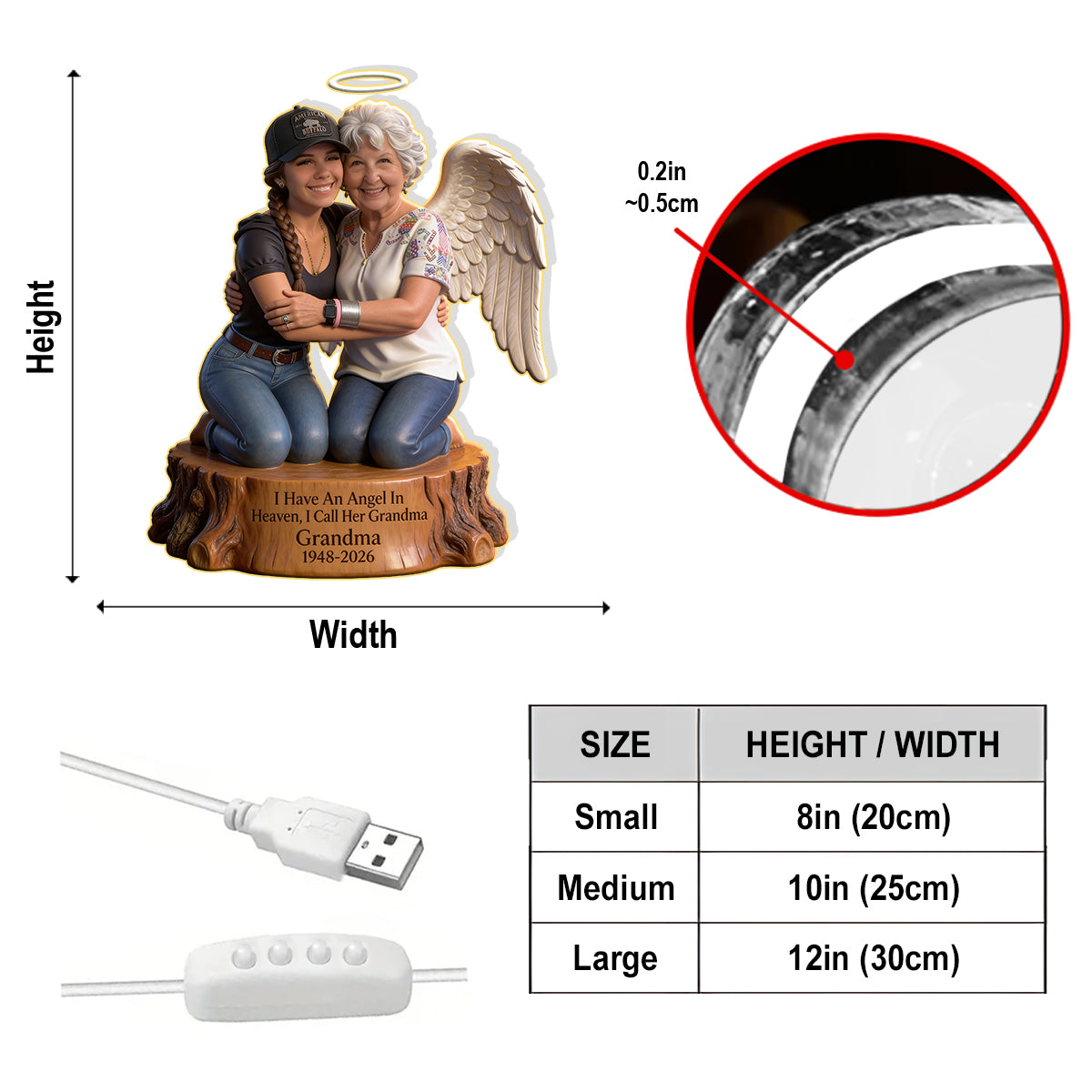 Personalized Hugging Black Angel Memorial Acrylic LED Night Light - Custom Sympathy Remembrance Keepsake Home Decor Gift