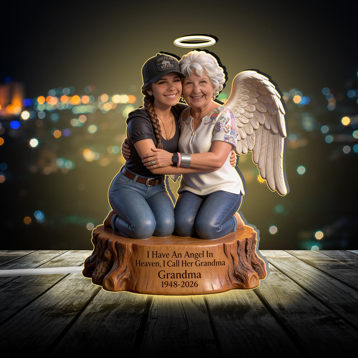 Personalized Hugging Black Angel Memorial Acrylic LED Night Light - Custom Sympathy Remembrance Keepsake Home Decor Gift