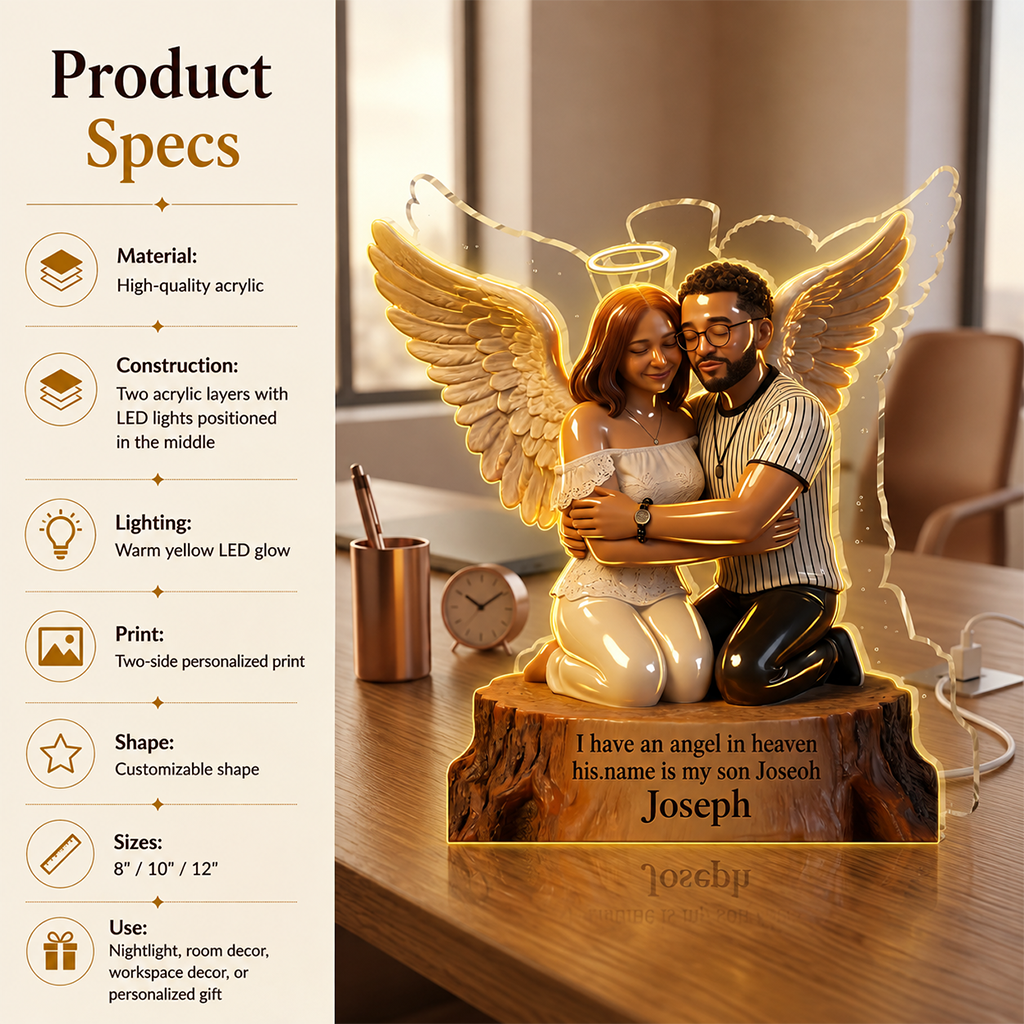 Personalized I Have An Angel In Heaven Memorial Acrylic LED Night Light, Guardian Angel Hugging Child Bereavement Keepsake Gift