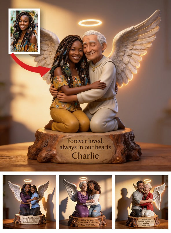 Personalized Hugging Black Angel Memorial Acrylic LED Night Light - Custom Sympathy Remembrance Keepsake Home Decor Gift