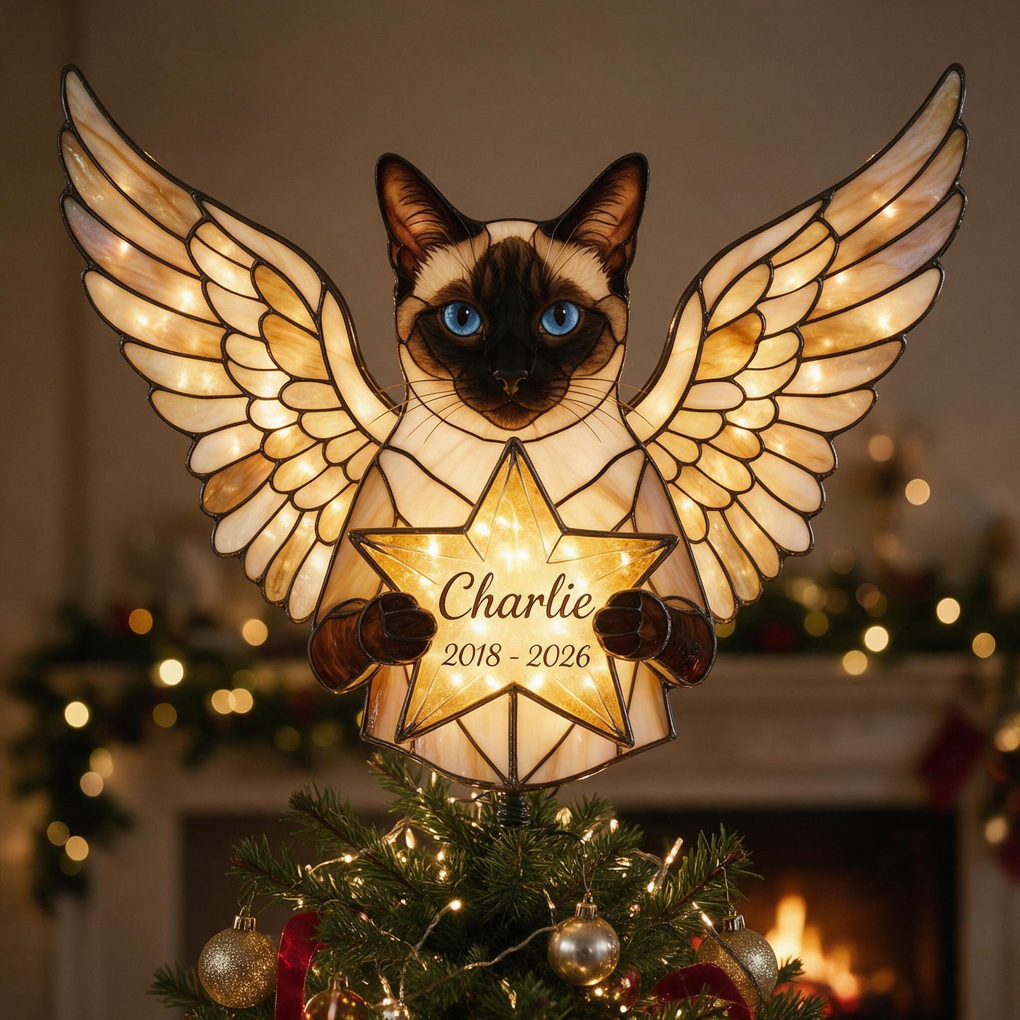 Personalized Memorial Siamese Cat Angel LED Christmas Tree Topper Custom Pet Remembrance Holiday Decor