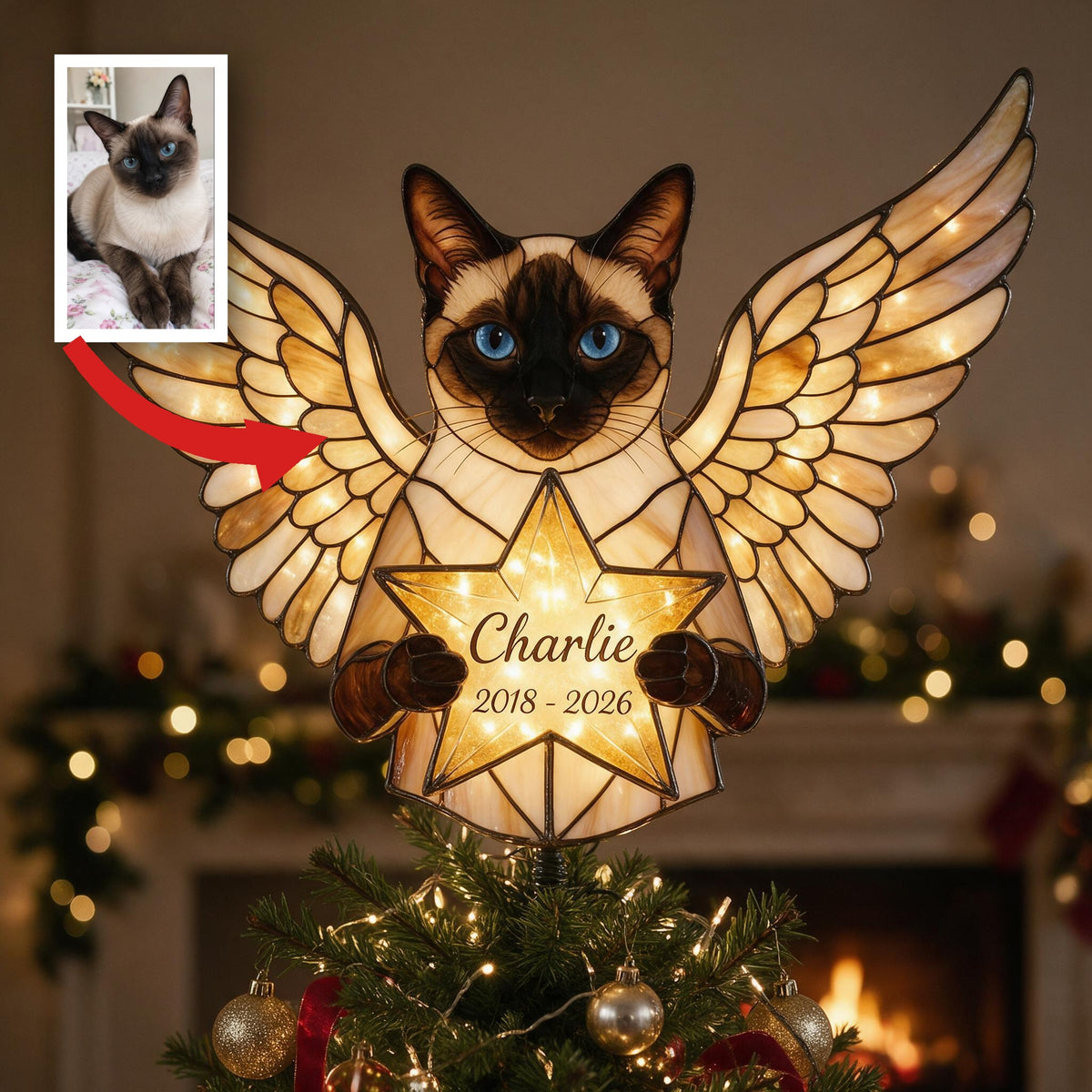 Personalized Memorial Siamese Cat Angel LED Christmas Tree Topper Custom Pet Remembrance Holiday Decor