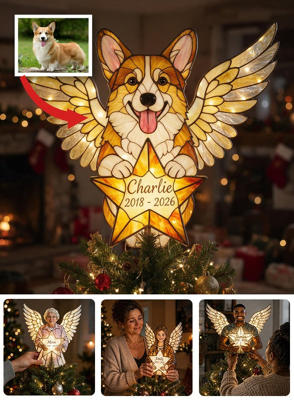 Personalized Welsh Corgi Angel Memorial LED Christmas Tree Topper, Stained Glass Pet Remembrance Holiday Decor