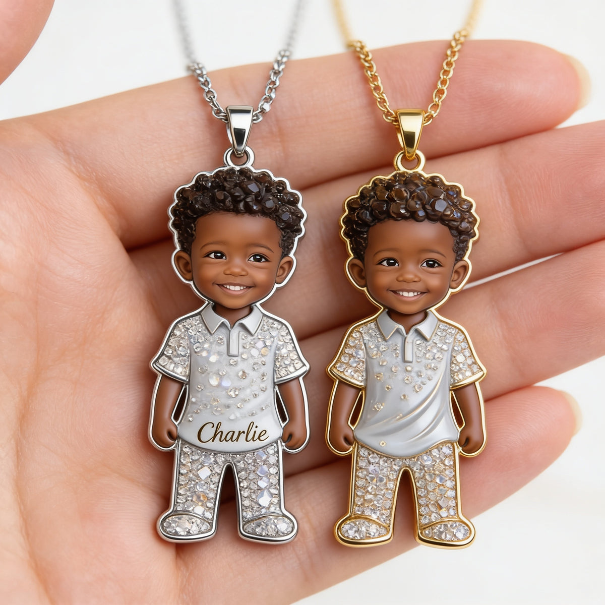 Personalized Custom Black Kid Portrait Metal Pendant Necklace, Engraved Name Child Keepsake Jewelry Gift for Family and Parents
