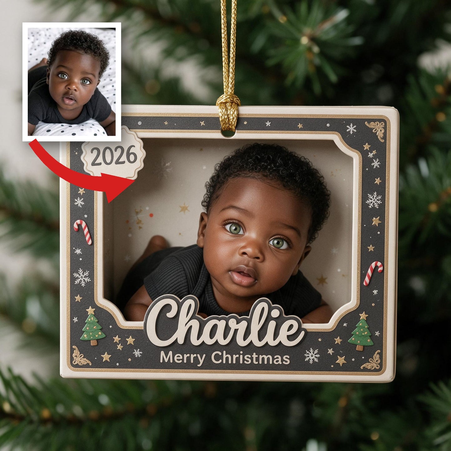 Personalized Newborn Black Baby Photo 2026 Christmas Ornament - Custom Kid Name Holiday Keepsake Tree Decoration Gift