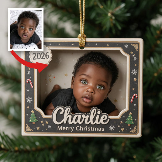 Personalized Newborn Black Baby Photo 2026 Christmas Ornament - Custom Kid Name Holiday Keepsake Tree Decoration Gift