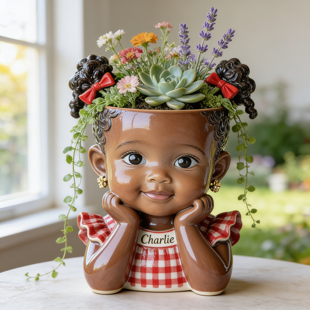 Custom Personalized Curly Haired Child Shaped Acrylic Planter Pot, Custom Name 2 Year Old Black Kid Flower Vase for Home Decor & Meaningful Gifting
