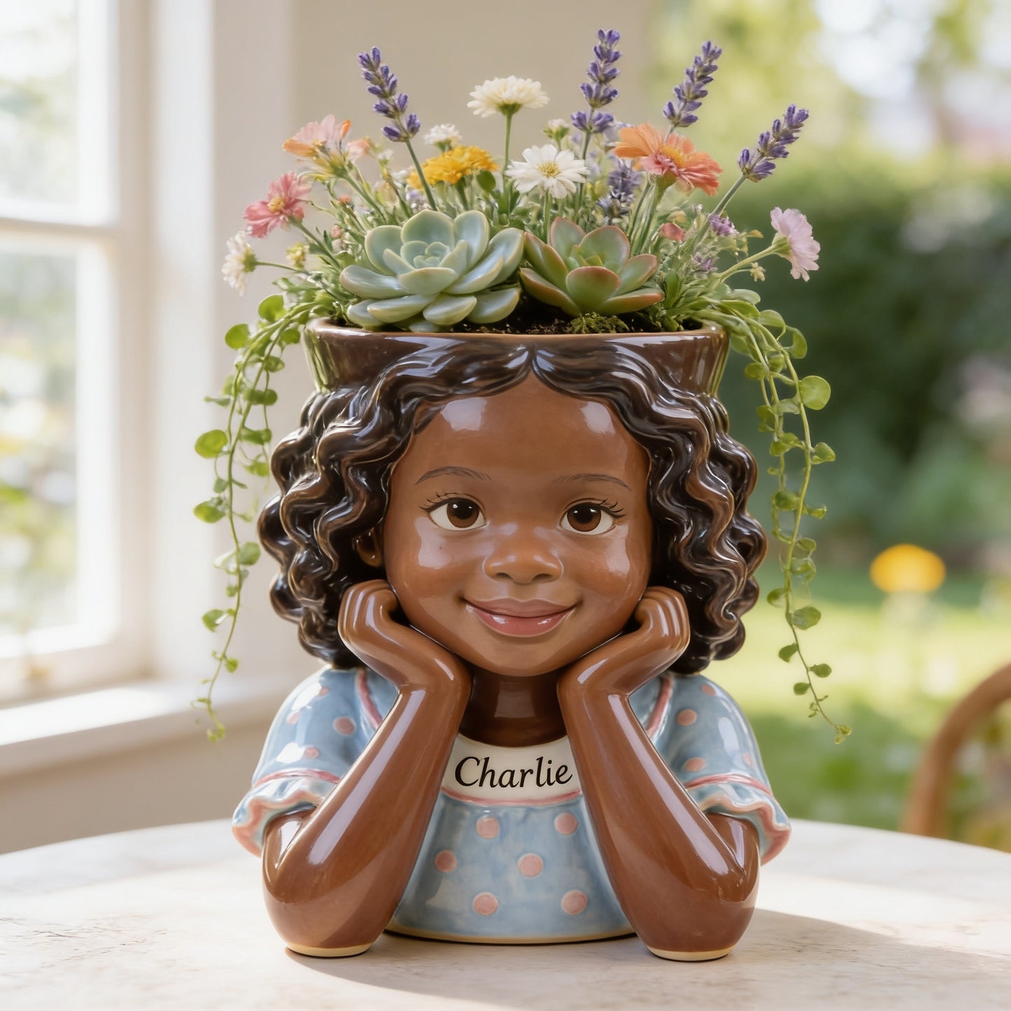 Custom Personalized Curly Haired Child Shaped Acrylic Planter Pot, Custom Name 4 Year Old Black Kid Flower Vase for Home Decor & Meaningful Gifting