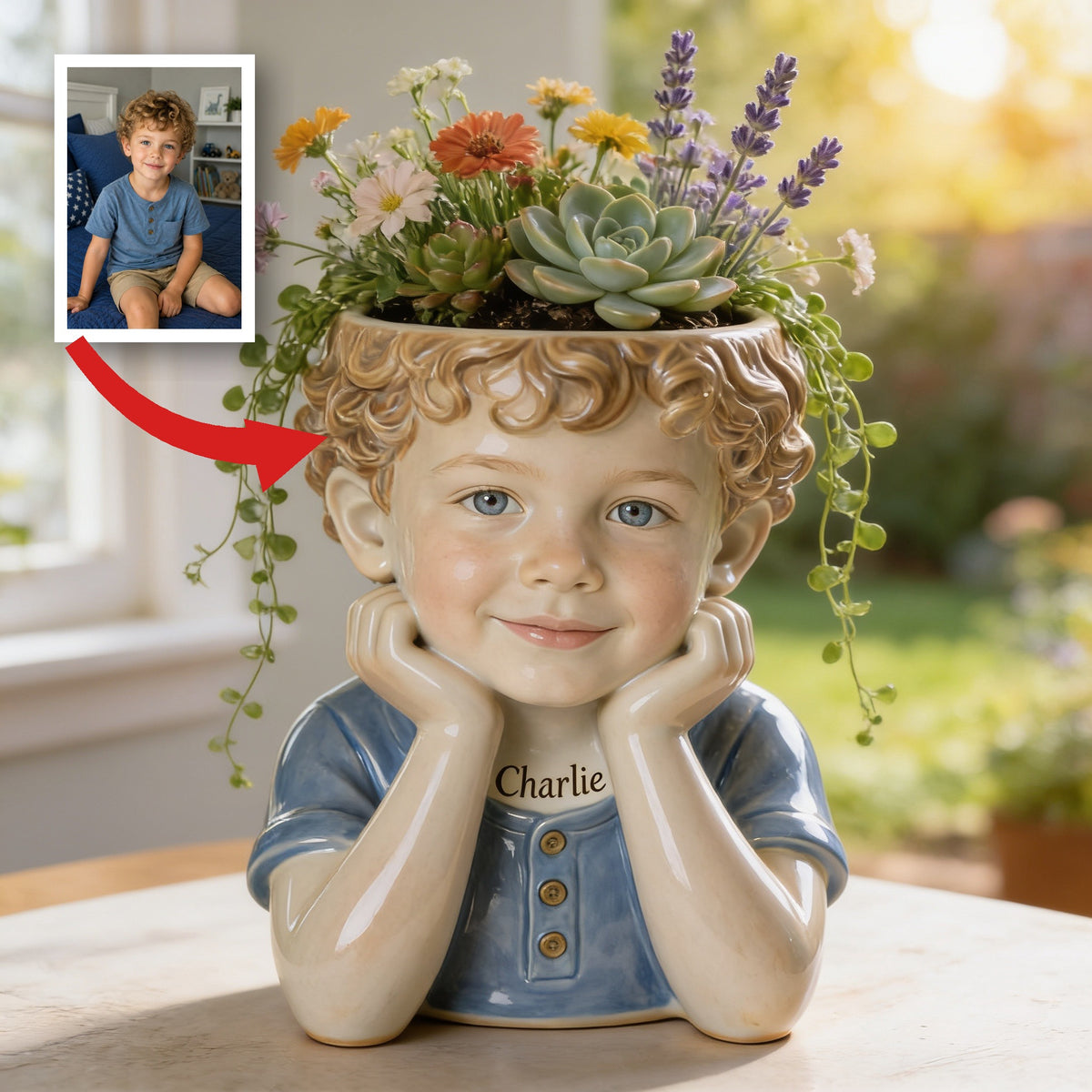 Personalized Curly Haired Little Boy 5 year old Acrylic Planter Pot Custom Child Portrait Home Decor Keepsake Gift
