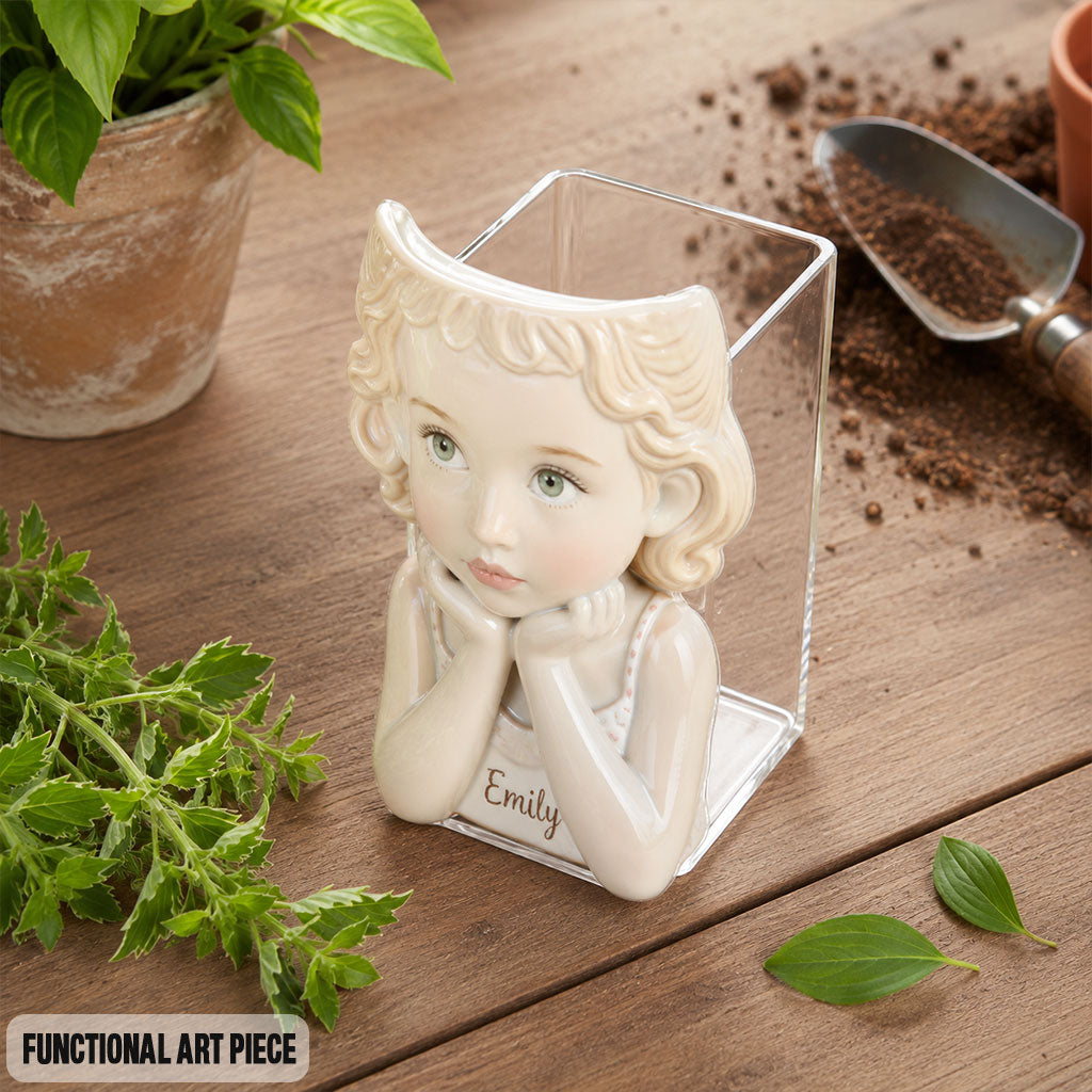 Personalized Custom Child Portrait Acrylic Planter Pot, Custom Name 5 Year Old Black Kid Face Vase for Home Decor and Thoughtful Gifting