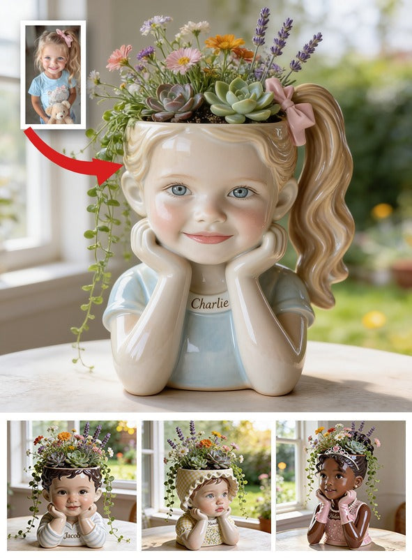 Custom Personalized Little Girl Shaped Acrylic Planter Pot, Cute 3 Year Old Kid Themed Home Decor Gift for Plant Lovers