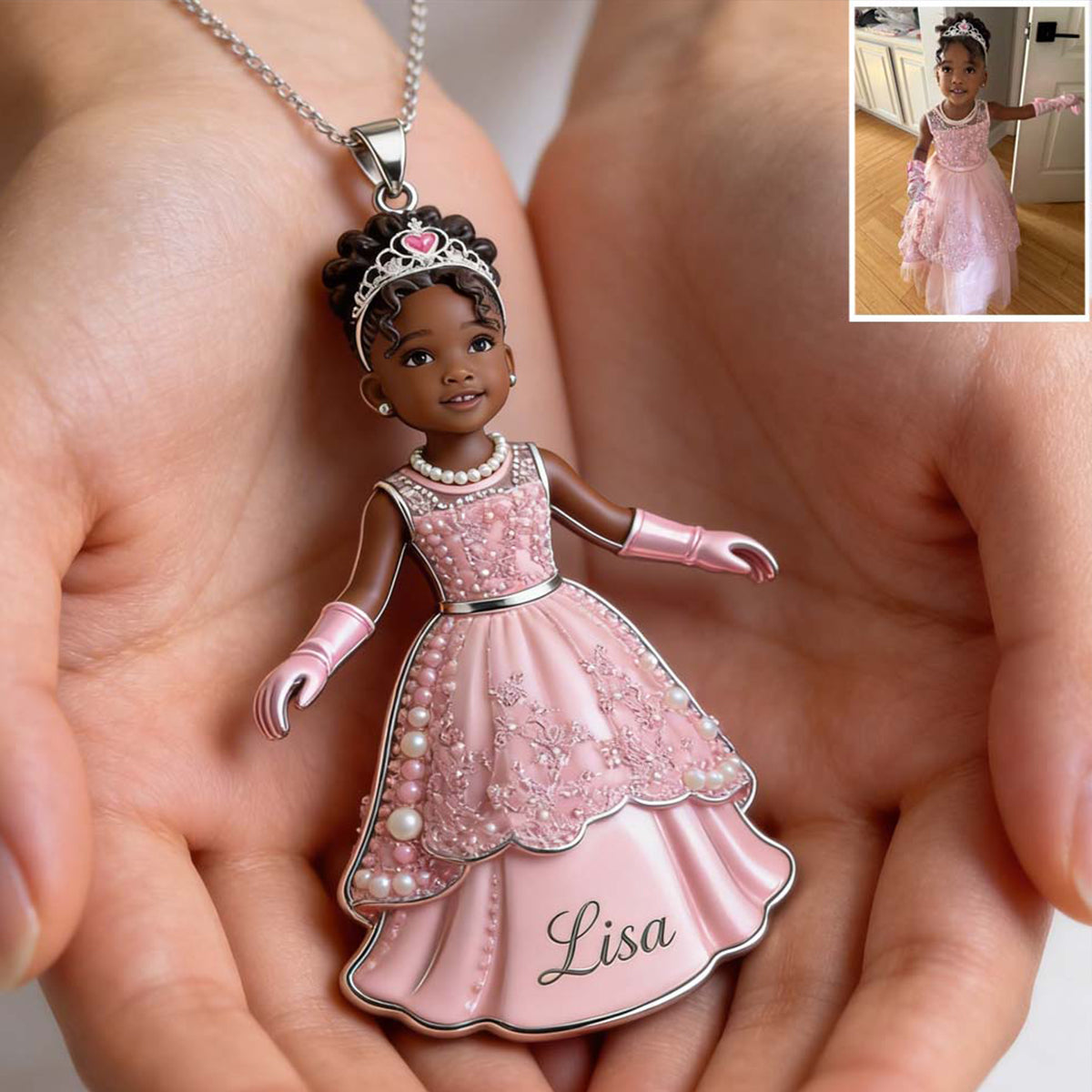 Personalized 3D Kid Portrait Shaped Metal Pendant Necklace, Custom Engraved Name Keepsake Jewelry Gift for 4 Year Old Black Girl