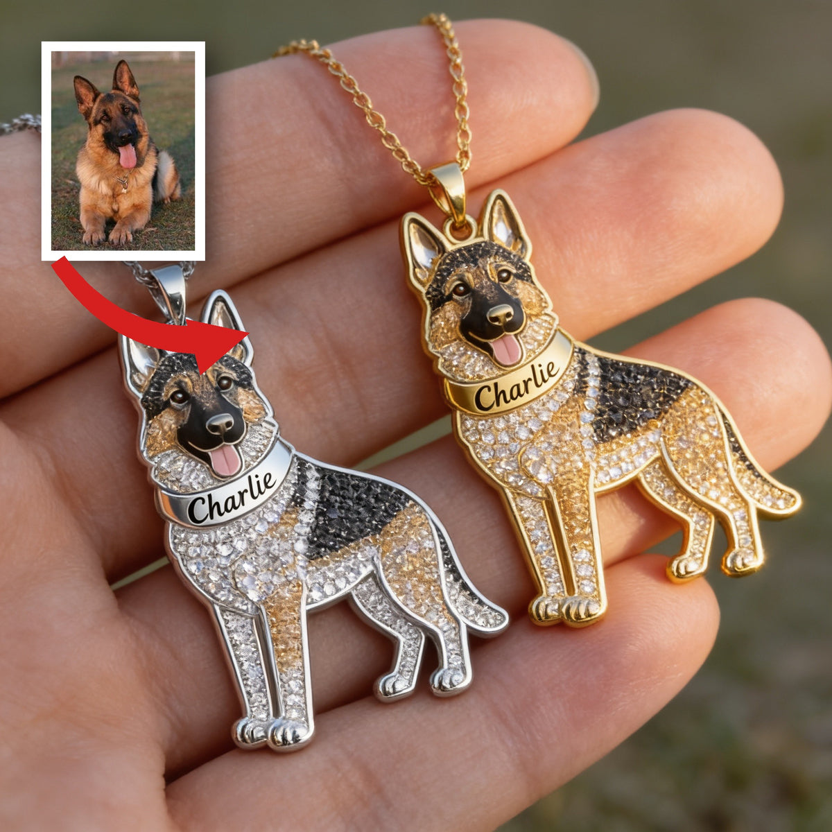 Personalized German Shepherd Shaped Metal Pendant Necklace Custom Engraved Pet Name Gift for Dog Lovers