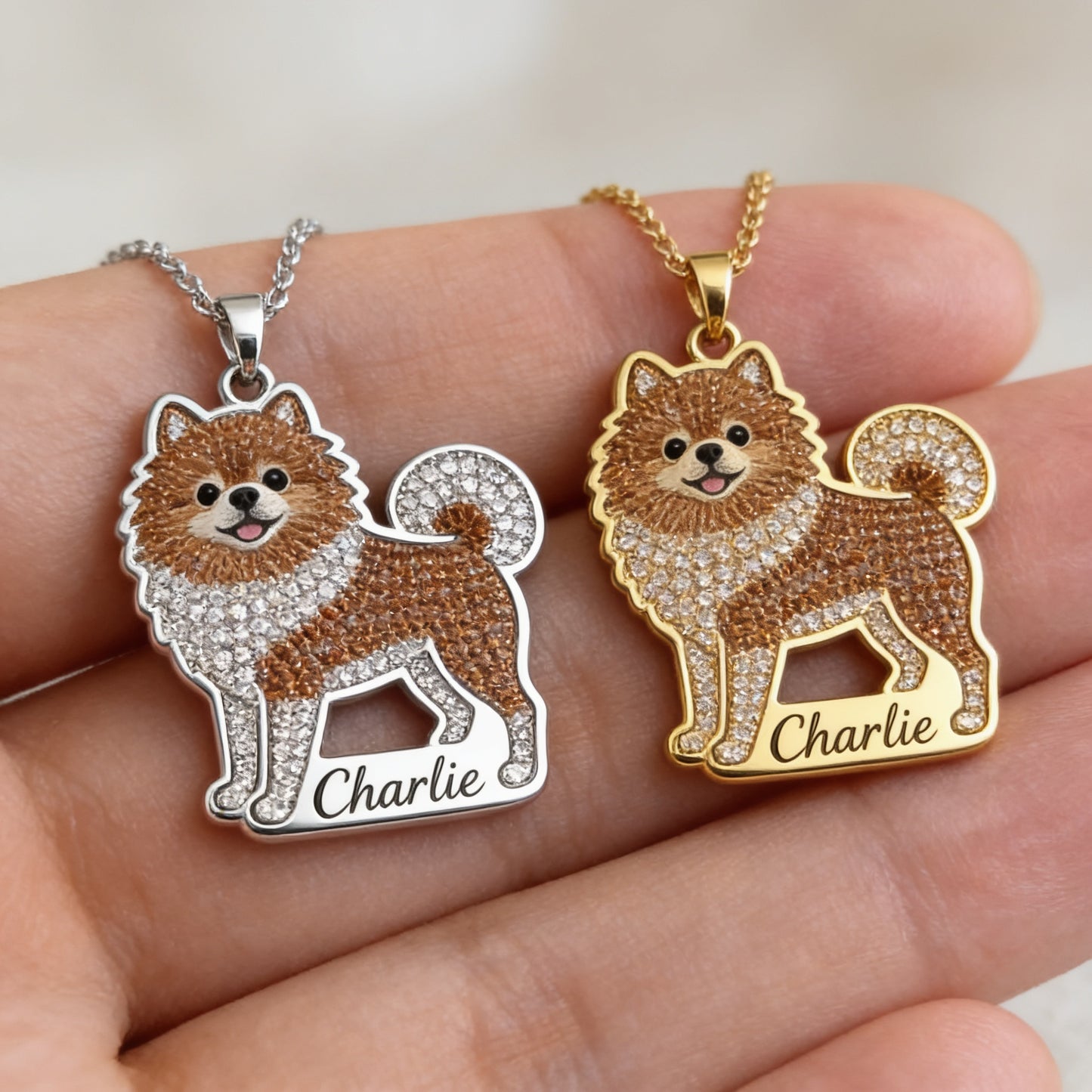 Personalized Fluffy Brown Pomeranian Metal Pendant Necklace, Custom Engraved Pet Name Gift for Pomeranian Owners