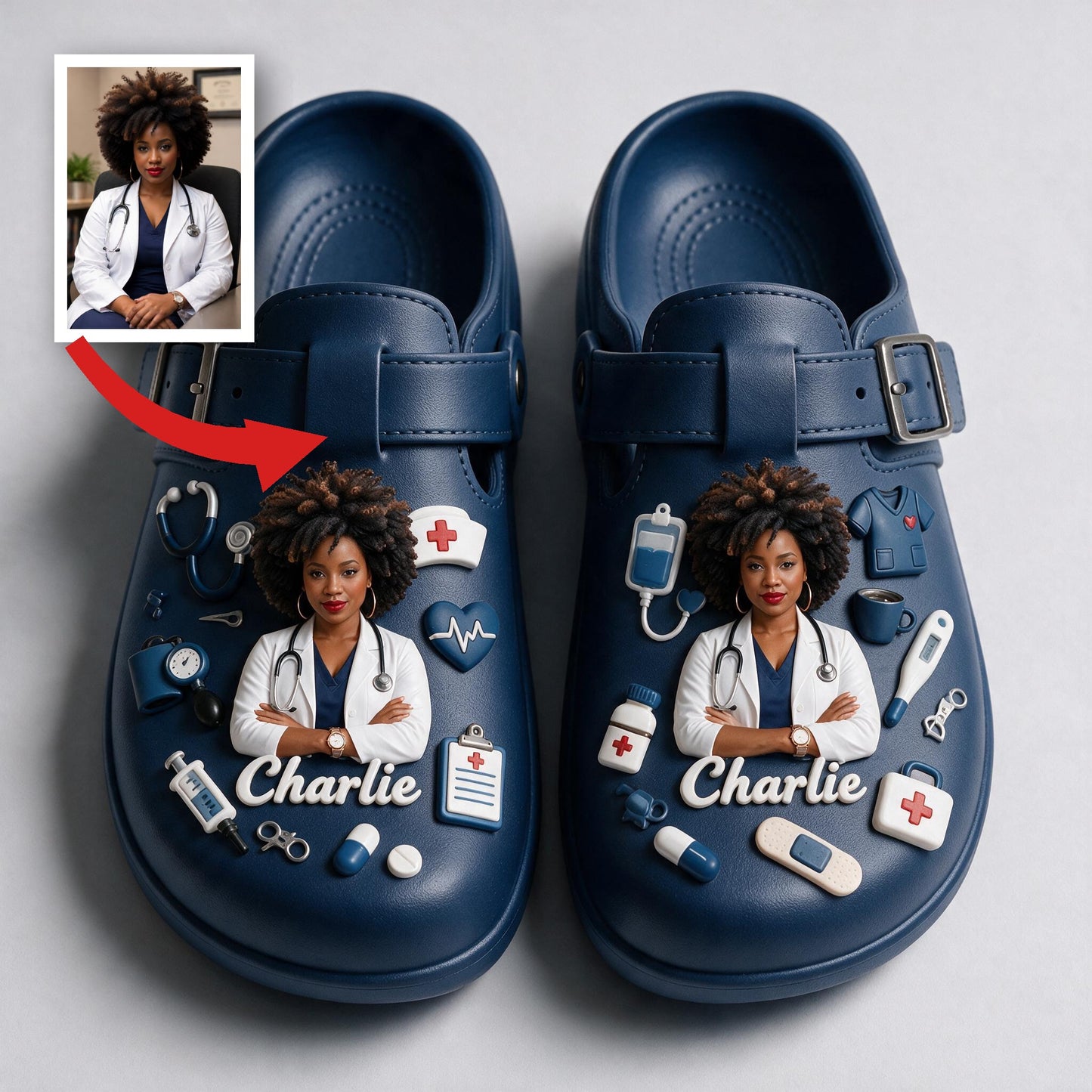 Personalized Black Woman Doctor Life Arch Support Clogs, Custom Navy Medical Work Shoe Gift for Physicians & Healthcare Staff