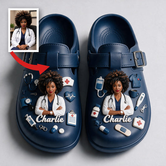 Personalized Black Woman Doctor Life Arch Support Clogs, Custom Navy Medical Work Shoe Gift for Physicians & Healthcare Staff