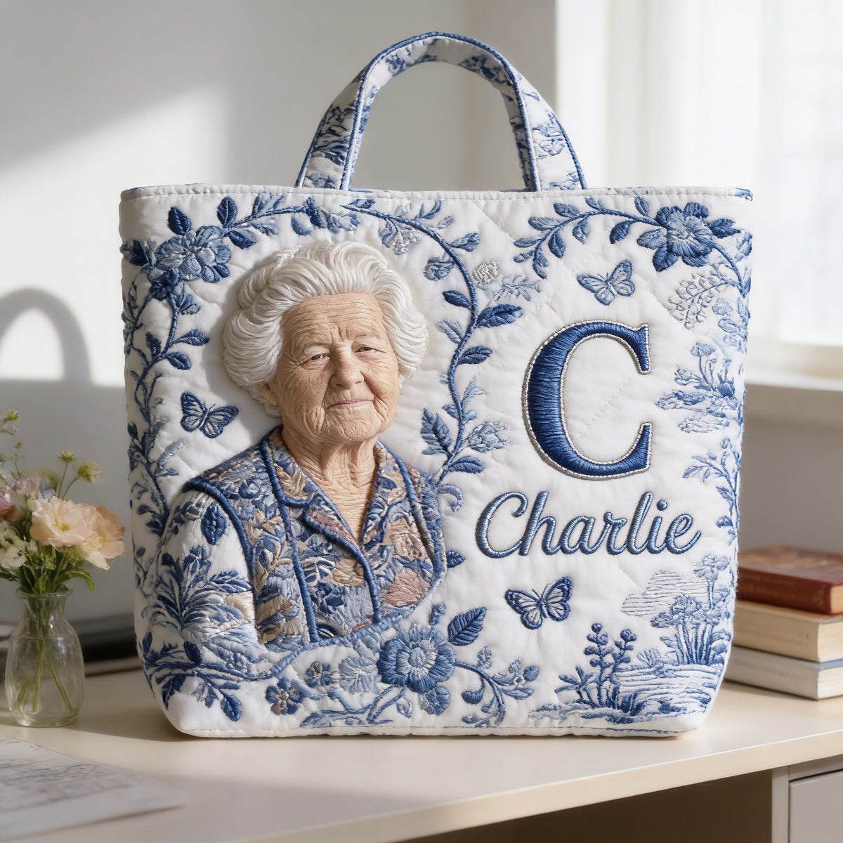 Custom Embroidered Older Woman Portrait Quilted Tote Bag, Personalized Monogrammed Grandma Gift for Everyday Use