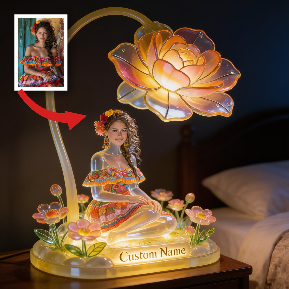Personalized Custom Name Folk Art Floral Latina Woman Acrylic LED Night Light, Self Love Bedroom Decor Gift