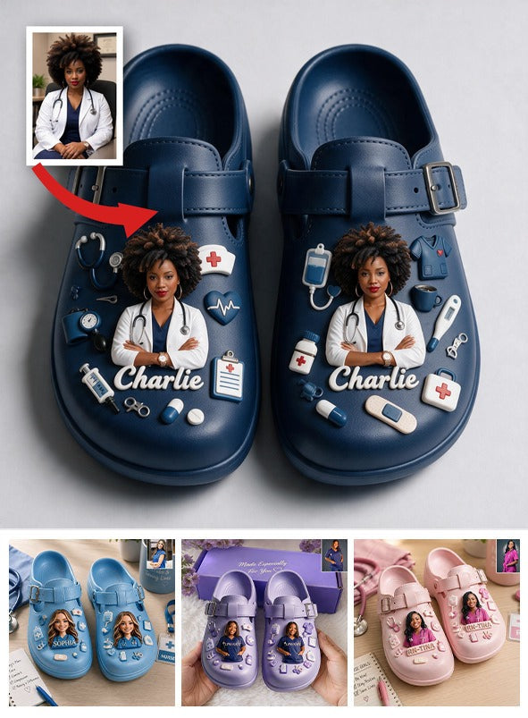 Personalized Black Woman Doctor Life Arch Support Clogs, Custom Navy Medical Work Shoe Gift for Physicians & Healthcare Staff
