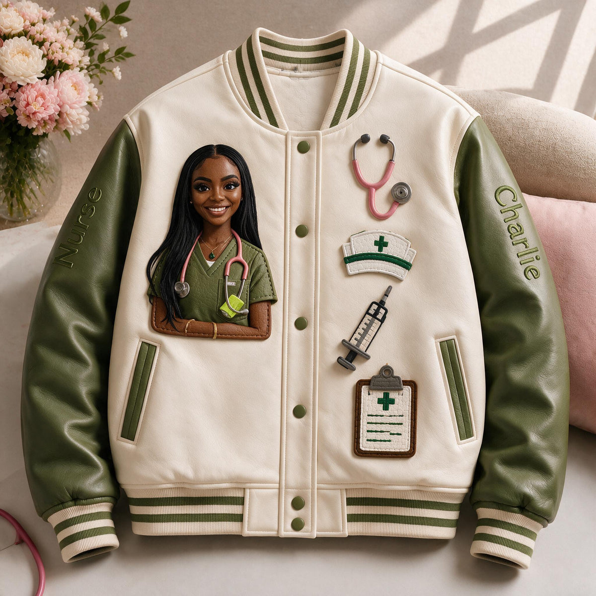 Personalized Black Nurse Varsity Jacket - Custom Medical Themed Appreciation Gift For Registered Nurse Healthcare Staff