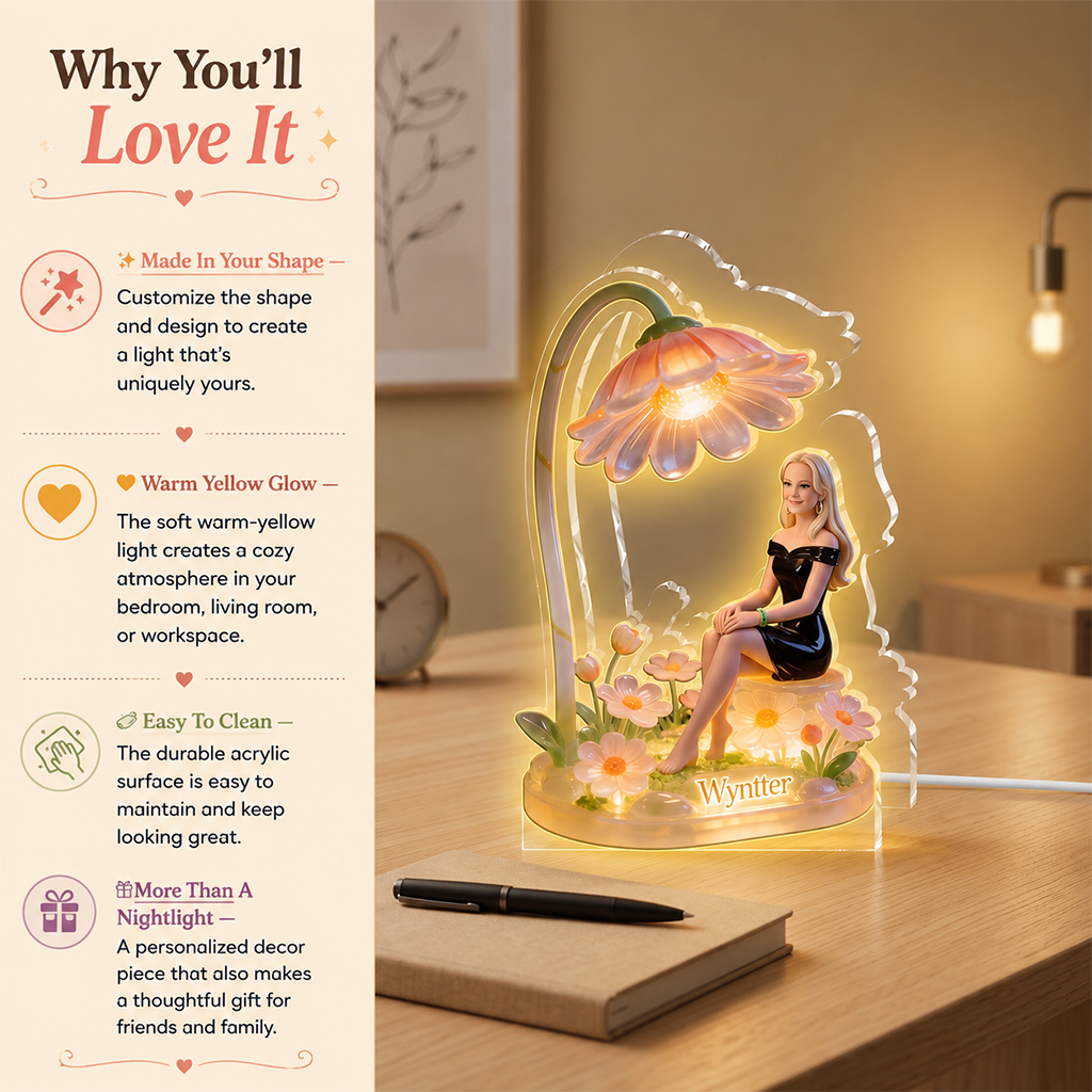 Personalized Smiling Older Woman Custom Name Acrylic LED Night Light, Cozy Warm Bedroom Decor Thoughtful Grandma Gift