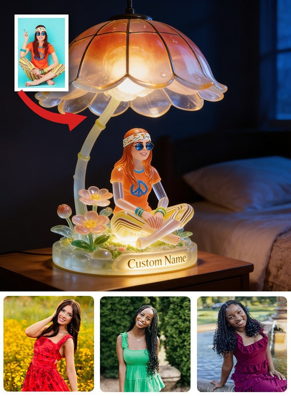 Personalized Hippie Peace Sign Woman Acrylic LED Night Light Custom Name Self Love Bedroom Decor Gift