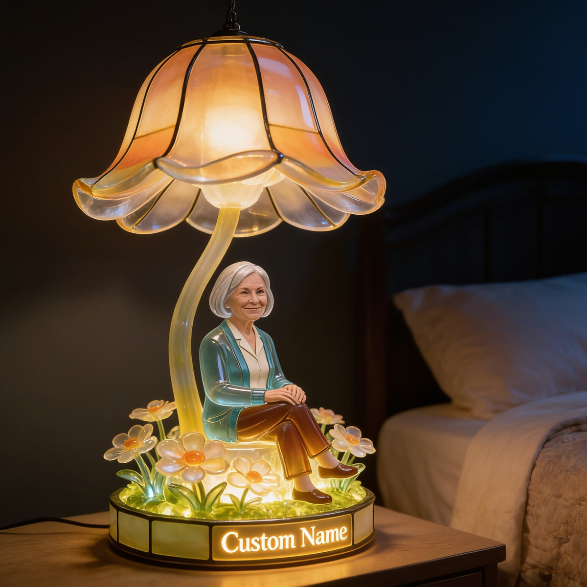 Personalized Smiling Older Woman Custom Name Acrylic LED Night Light, Cozy Warm Bedroom Decor Thoughtful Grandma Gift