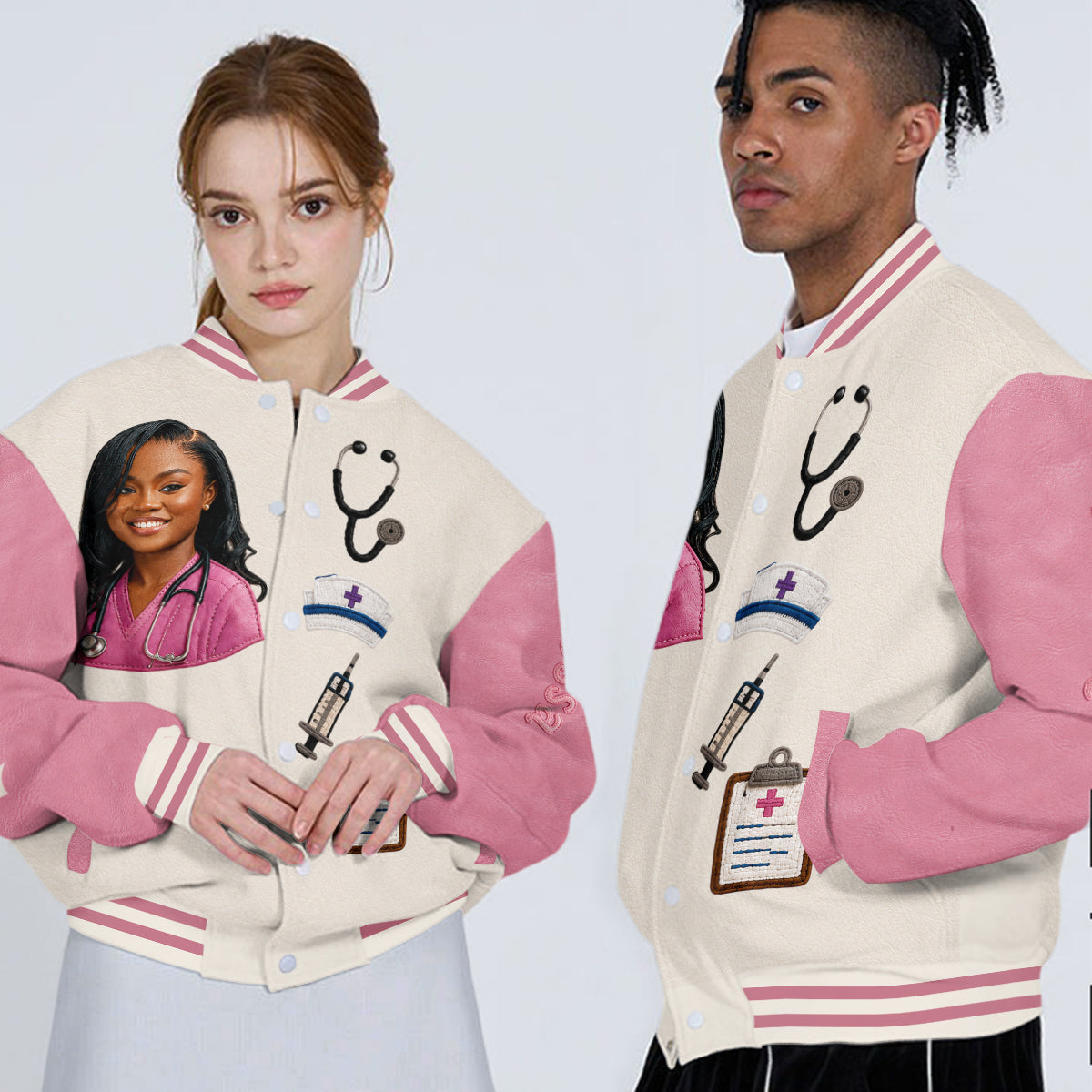 Personalized Male Nurse Caricature Varsity Jacket, Thoughtful Appreciation Gift For RN Nursing Healthcare Staff