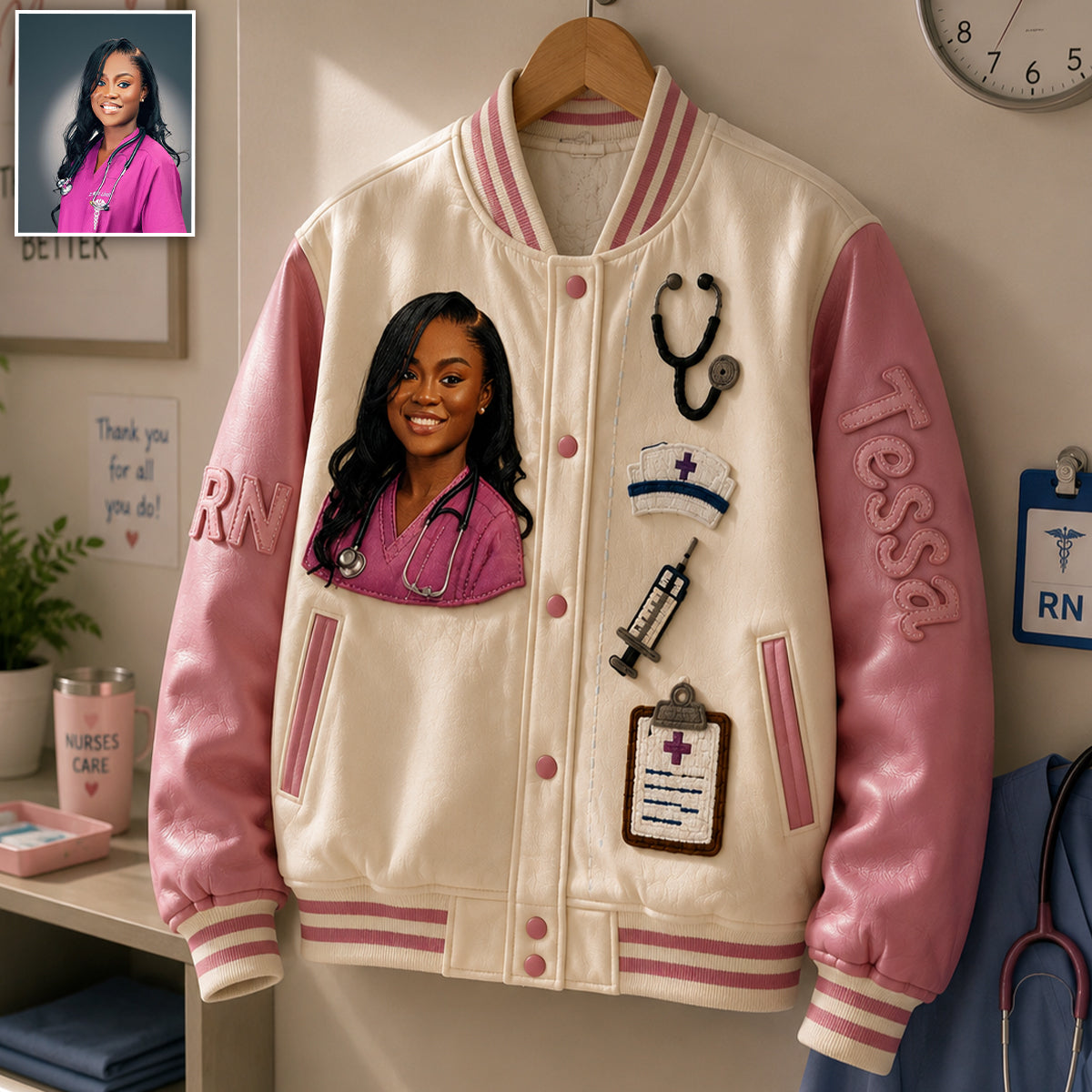 Personalized Male Nurse Caricature Varsity Jacket, Thoughtful Appreciation Gift For RN Nursing Healthcare Staff