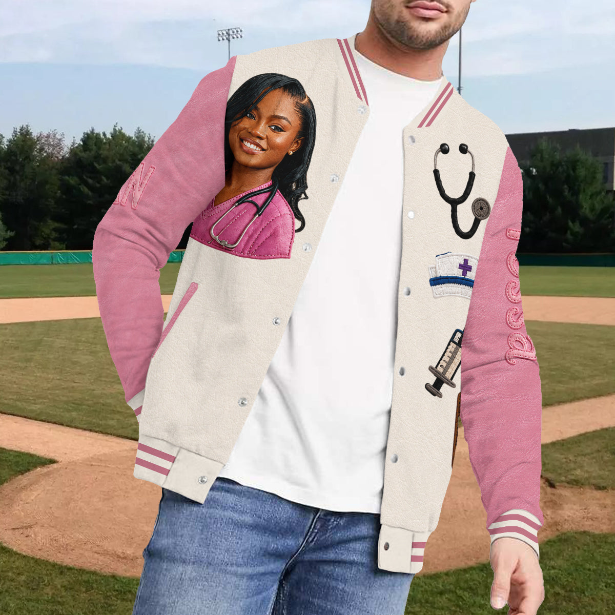 Personalized Male Nurse Caricature Varsity Jacket, Thoughtful Appreciation Gift For RN Nursing Healthcare Staff