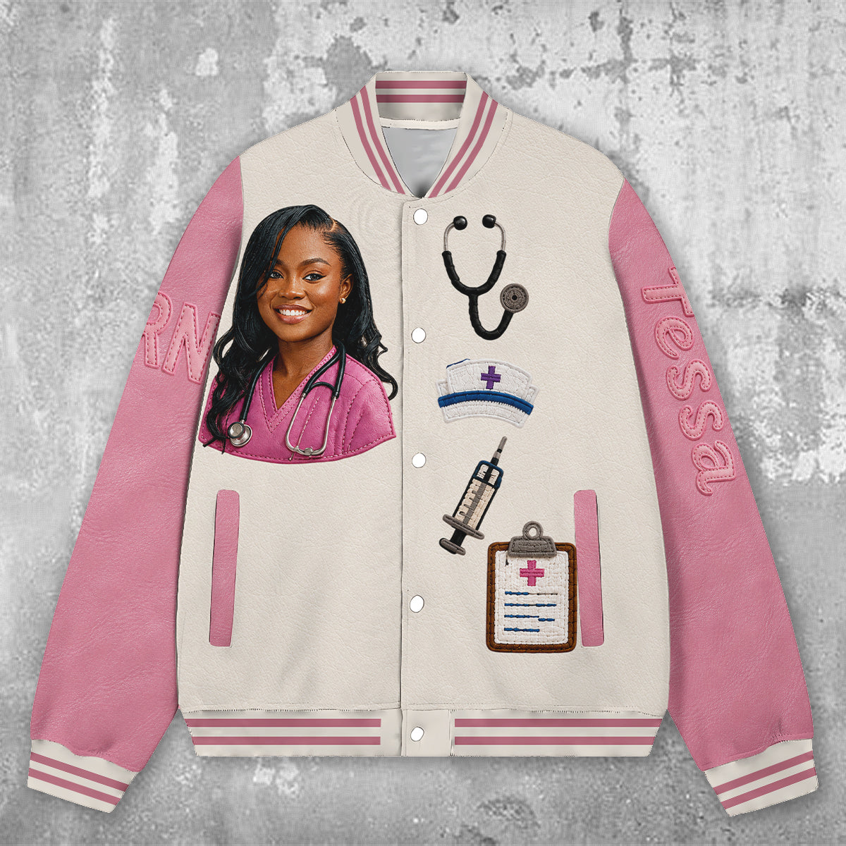 Personalized Male Nurse Caricature Varsity Jacket, Thoughtful Appreciation Gift For RN Nursing Healthcare Staff
