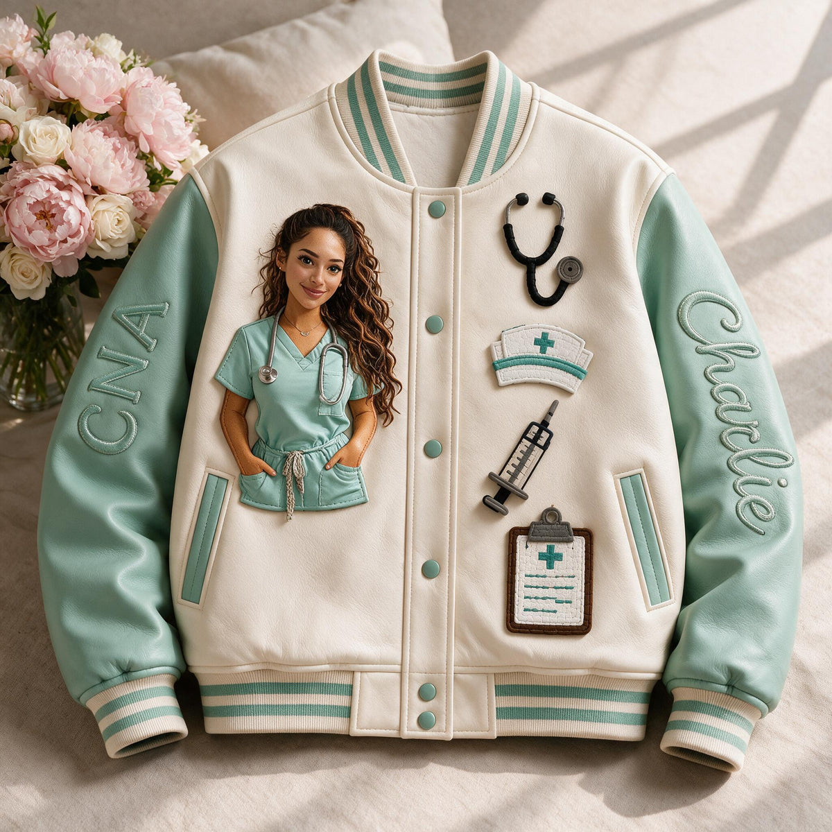 Personalized Embroidered Latina CNA Nurse Varsity Jacket, Thoughtful Appreciation Gift for Healthcare Nursing Staff