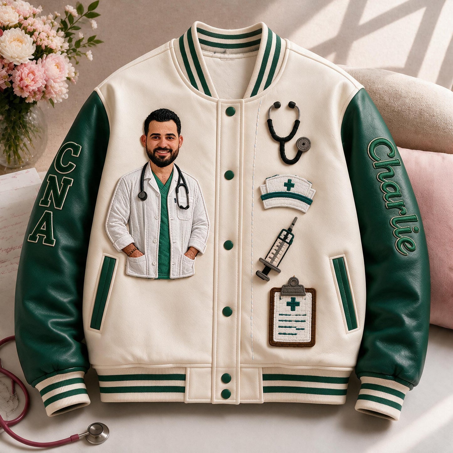 Personalized Male Nurse CNA Varsity Jacket, Custom Embroidered Healthcare Worker Appreciation Gift For Nursing Staff