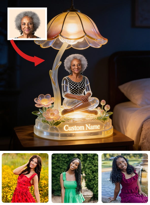 Custom Name Personalized Elderly Gray Haired Black Grandma Acrylic LED Night Light, Sentimental Keepsake Home Decor Gift