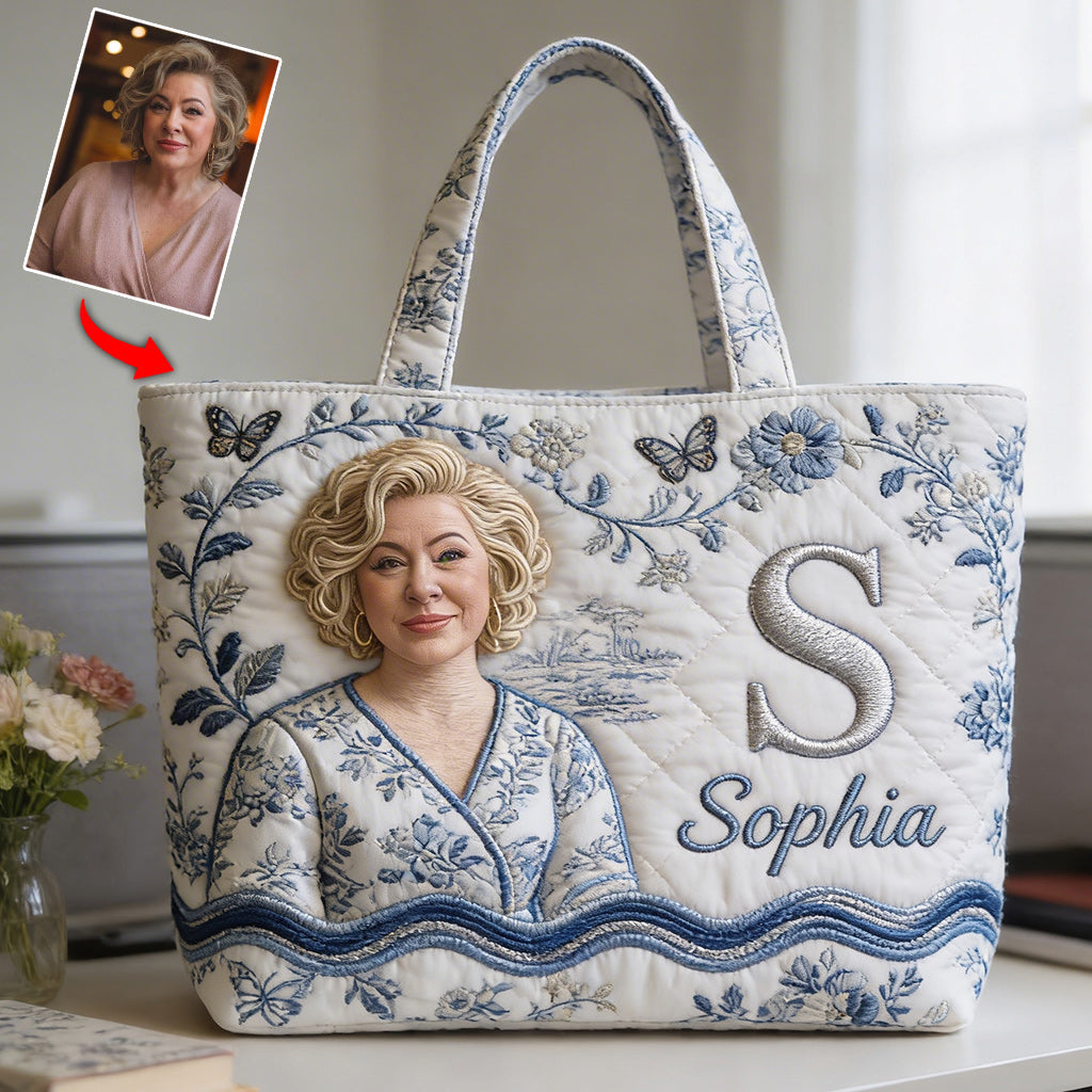 Personalized Embroidered Blonde Braided Girl Quilted Tote Bag - Custom Name Self Love Gift for Everyday Use