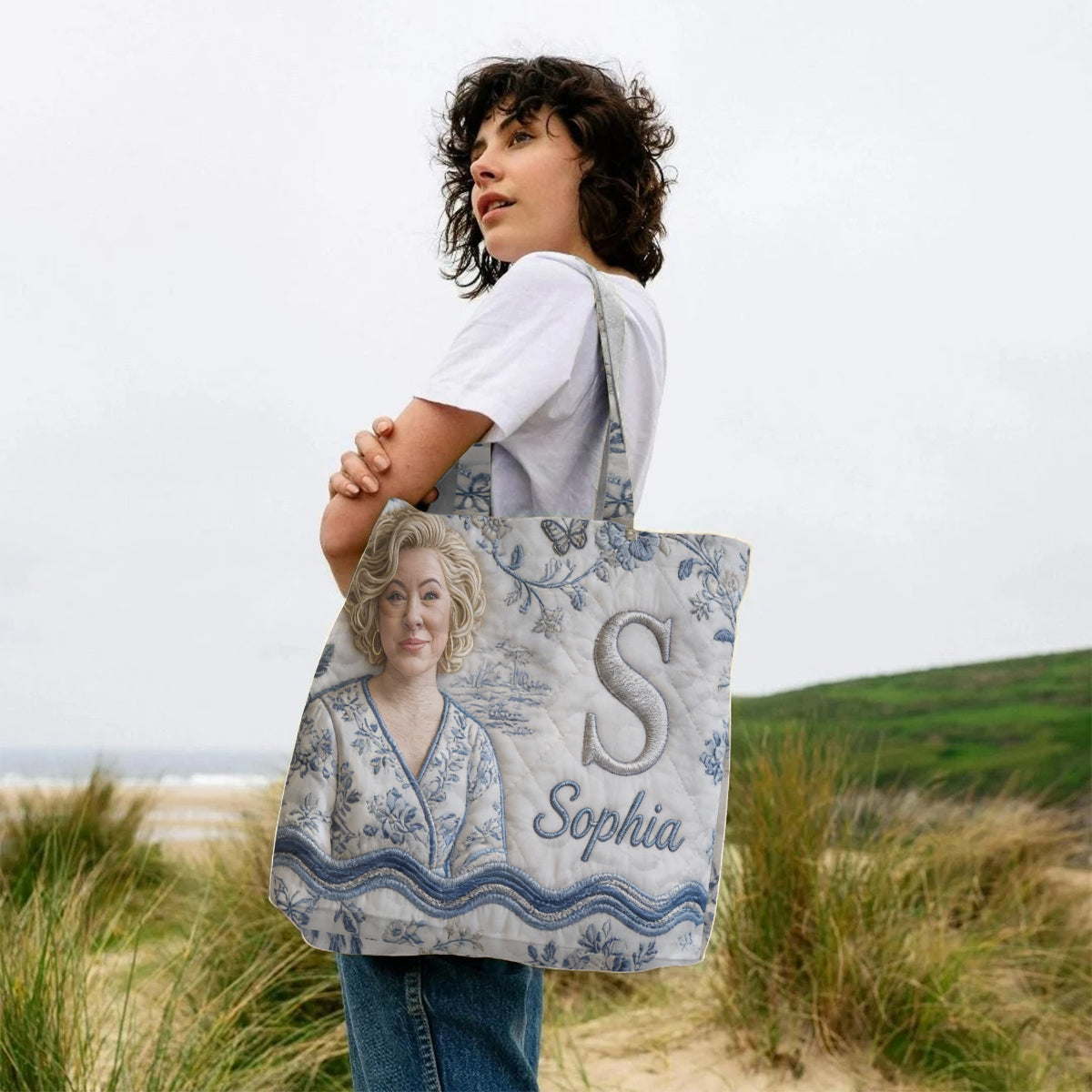 Personalized Embroidered Latina Girl Portrait Quilted Tote Bag, Custom Name Monogram Unique Self Love Everyday Carry Gift
