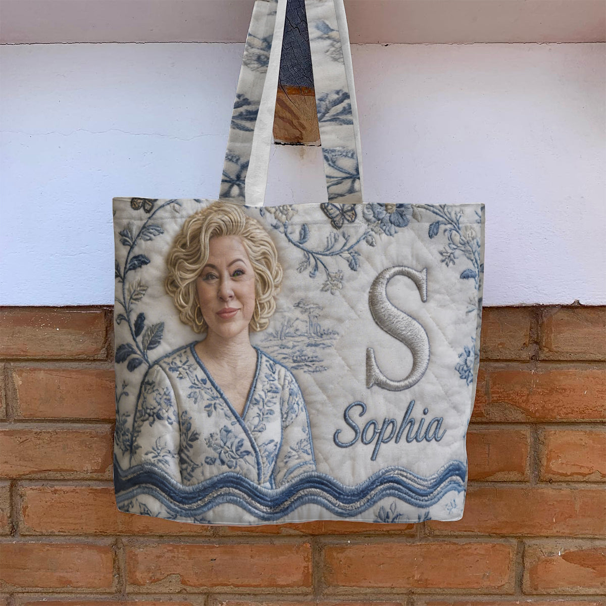 Custom Embroidered Older Woman Portrait Quilted Tote Bag, Personalized Monogrammed Grandma Gift for Everyday Use