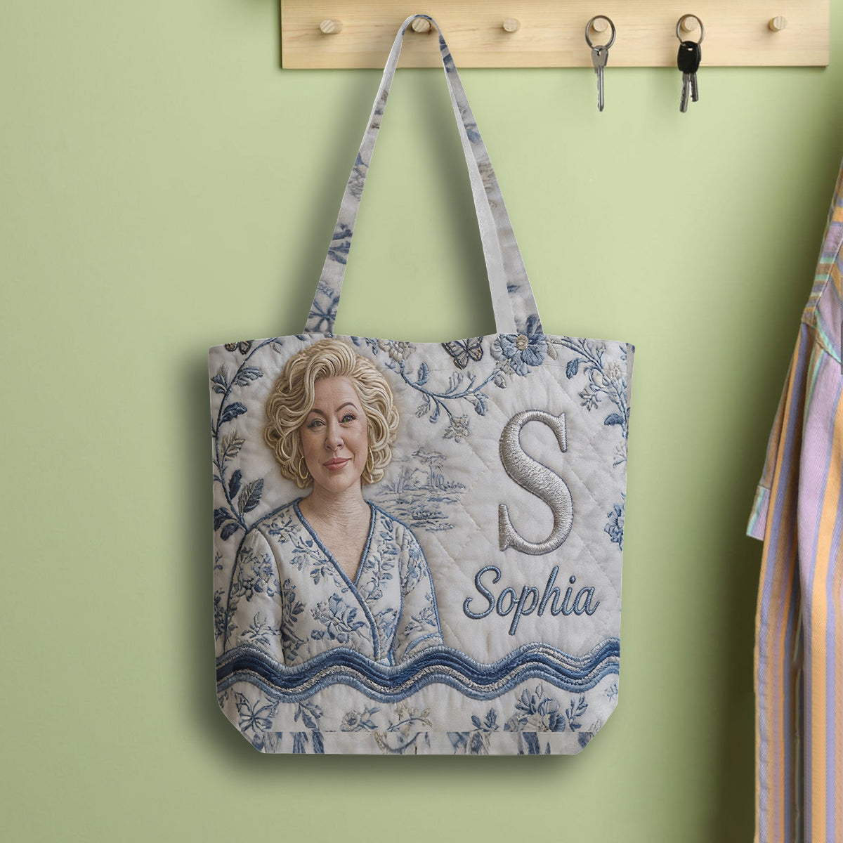 Custom Embroidered Older Woman Portrait Quilted Tote Bag, Personalized Monogrammed Grandma Gift for Everyday Use
