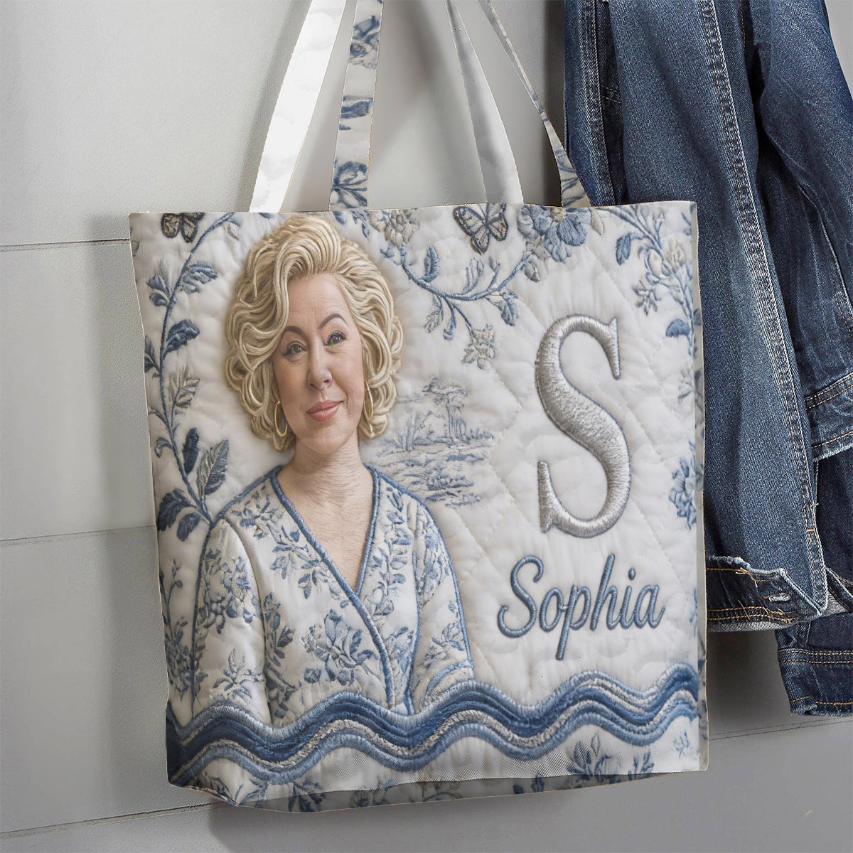 Personalized 3D Embroidered Older Black Woman Portrait Quilted Tote Bag, Custom Monogram Name Gift for Grandma Everyday Use