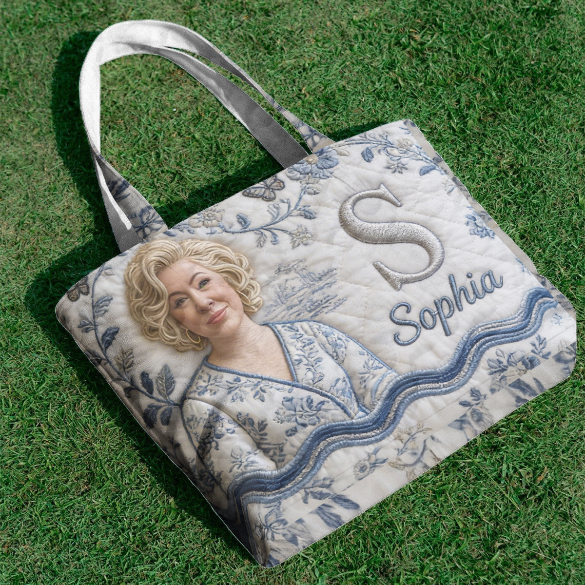 Custom Embroidered Older Woman Portrait Quilted Tote Bag, Personalized Monogrammed Grandma Gift for Everyday Use